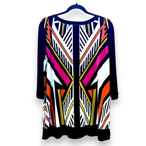 Eva Varro Size L Geo Print Relaxed Fit Tunic Top Blouse Stretch Long Sleeve - Picture 4 of 6